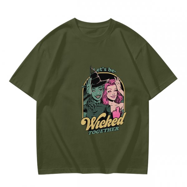 Olive green graphic t-shirt with 'Let's be Wicked Together' witch design
