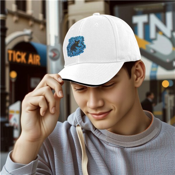 Black Baseball Cap With Playful Black Cat On Blue Abstract Background