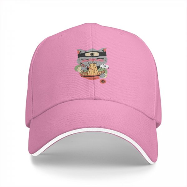 Black baseball cap with ninja cat eating ramen graphic