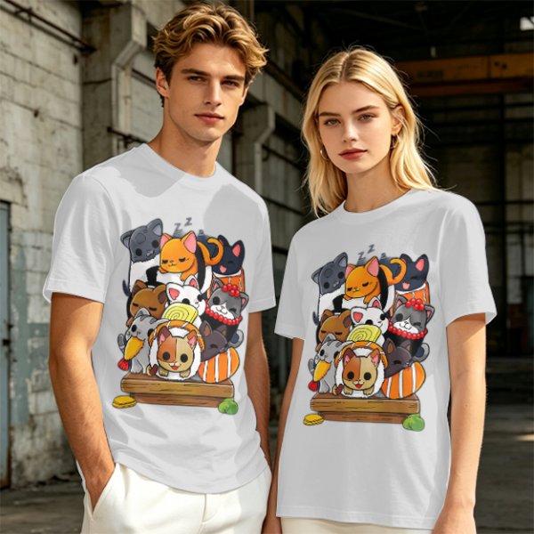 Olive T-Shirt With Cute Sushi Cat Stack Graphic Print