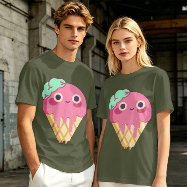 Olive T-Shirt With Cute Melting Pink Ice Cream Cone Graphic