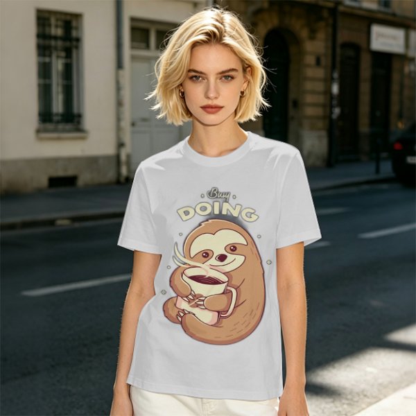Olive green sloth t-shirt with 'Busy Doing' coffee graphic