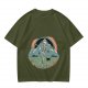Olive T-shirt with Dancing Skeleton Mountain Rainbow Cat Graphic
