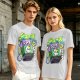 Olive T-shirt with spooky juice box graphic and playful skull art