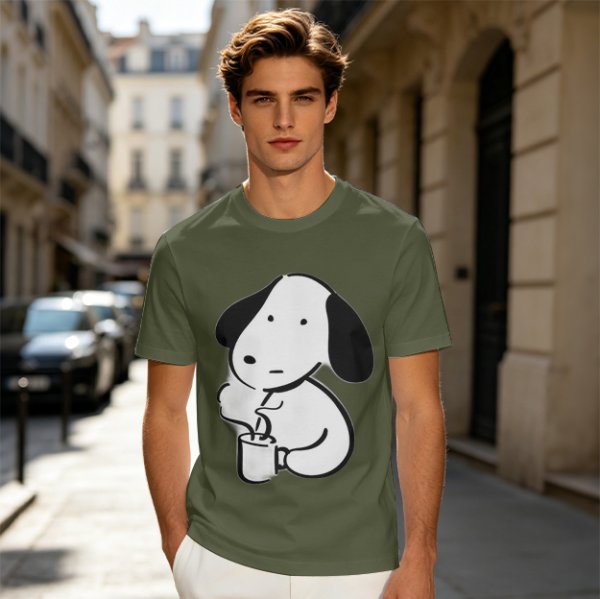 Olive Green T-Shirt With Cartoon Dog Holding Hot Drink Graphic