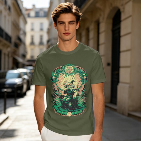 Olive Green T-Shirt With Fantasy Warrior Graphic Print