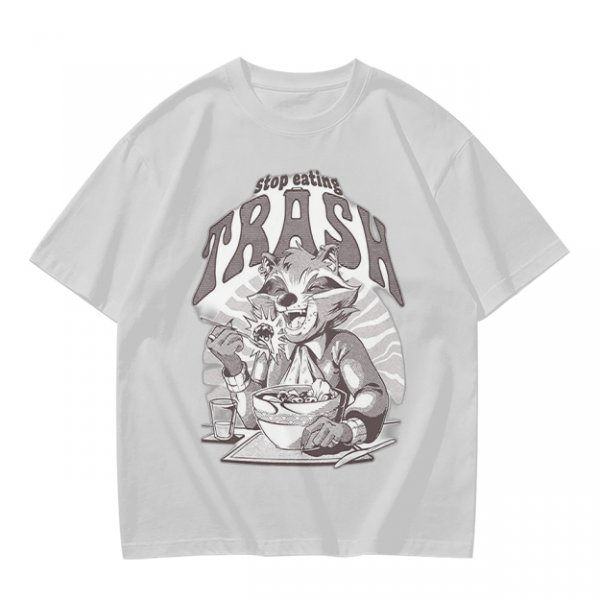 Olive graphic t-shirt with raccoon eating and 'Stop eating TRASH' print