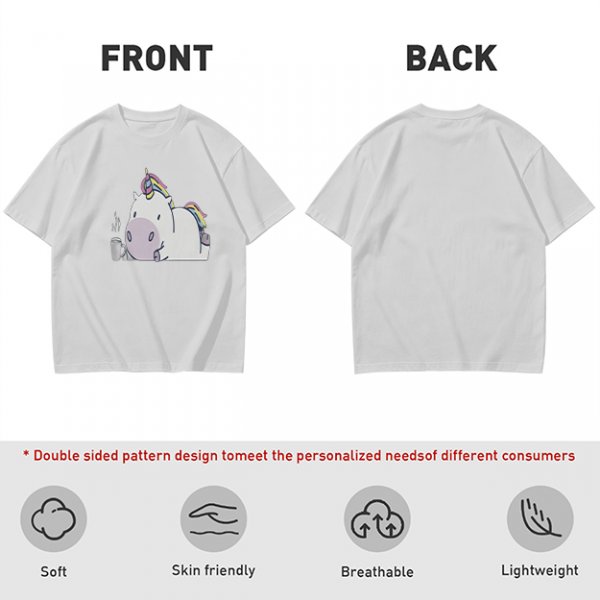 Olive green t-shirt with a chubby unicorn holding a steaming coffee cup