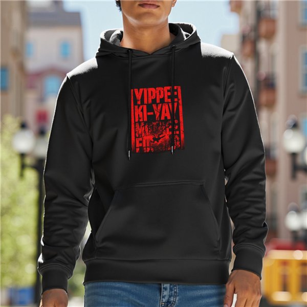 Black hoodie with Yippee Ki-Yay graphic print