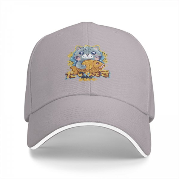 Black Baseball Cap With Cute Cat Holding Taiyaki Japanese Art
