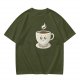 Olive Green T-Shirt With Cute Smiling Steaming Coffee Cup Print