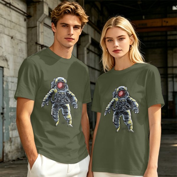 Olive T-Shirt with Floating Astronaut Graphic Print
