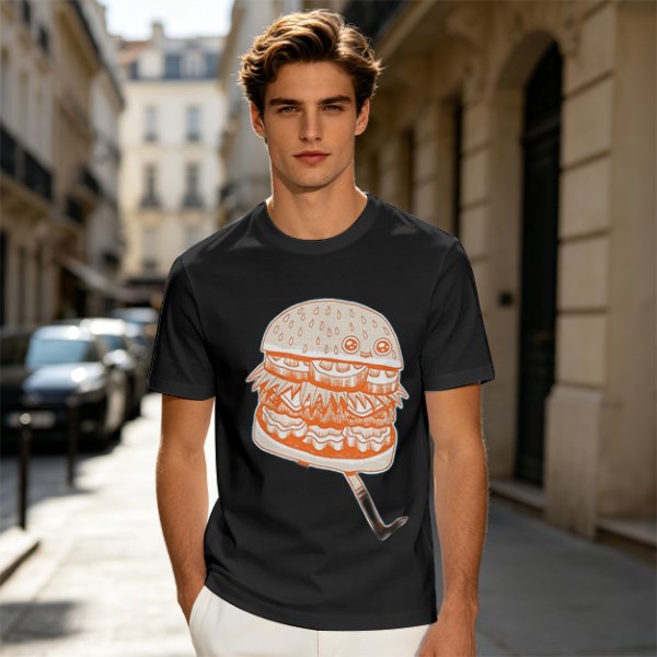 Olive T-Shirt With Cute Cartoon Hamburger Print