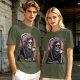 Olive T-Shirt Featuring Grim Reaper Holding Coffee and Scythe