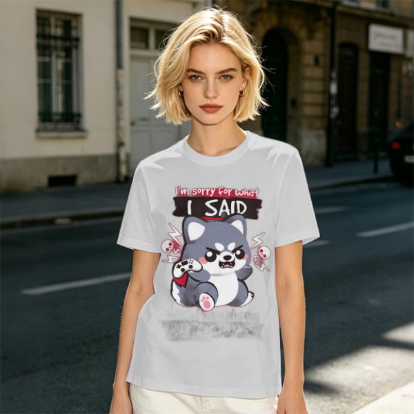 Olive t-shirt with angry gaming wolf graphic and funny apology text