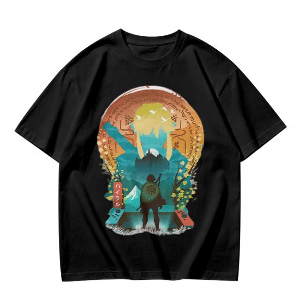 Olive Green T-Shirt With Fantasy Hero Silhouette Landscape Art