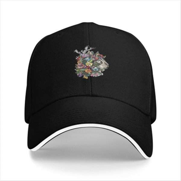 Black Baseball Cap With Floral Cat Head Art Print