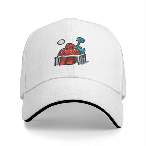 Black Baseball Cap With Robots At Desk Graphic Print