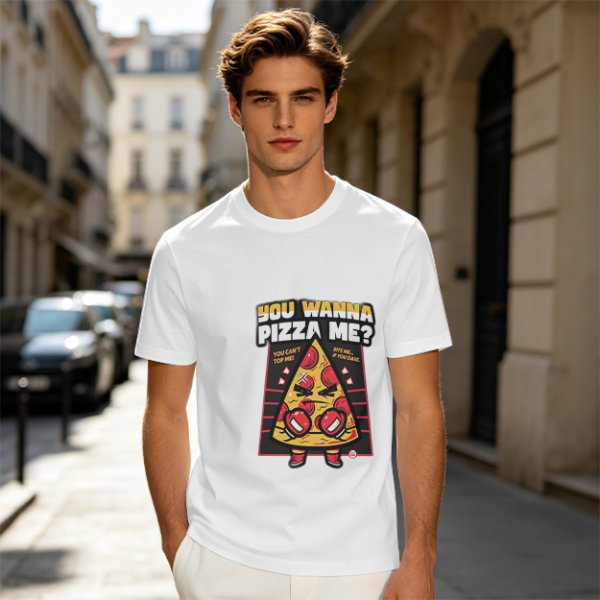 Olive t-shirt with angry boxing pizza slice graphic and 'You Wanna Pizza Me?' text