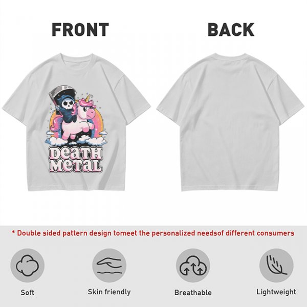 Olive t-shirt with cute grim reaper riding unicorn and death metal graphic