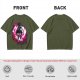 Olive anime cat character graphic t-shirt with pink abstract background