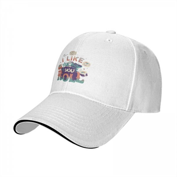 Black baseball cap with sushi graphic and 'I Like The Way You Roll' text