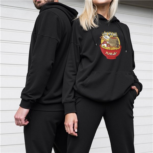 Black Hoodie With Ramen Bowl And 'I'm Stuck' Graphic Print
