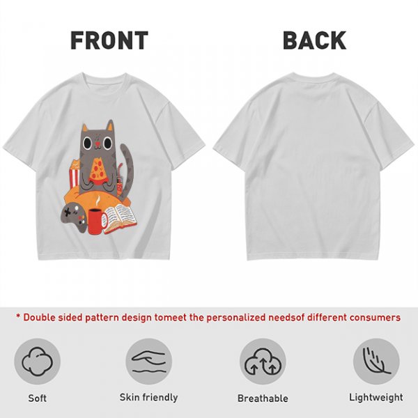 Olive T-Shirt With Cozy Cat Eating Pizza And Gaming Print