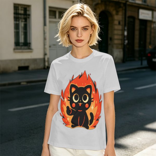 Olive T-Shirt With Cute Black Cat Thumbs Up On Flames Graphic