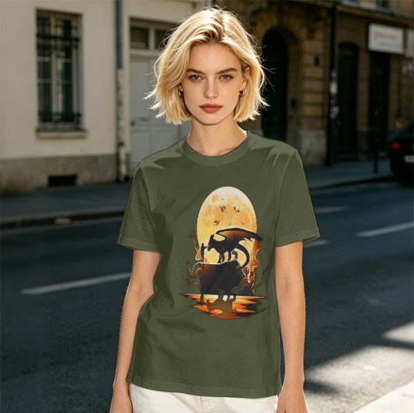 Olive T-Shirt With Dragon Silhouette Full Moon Graphic Print