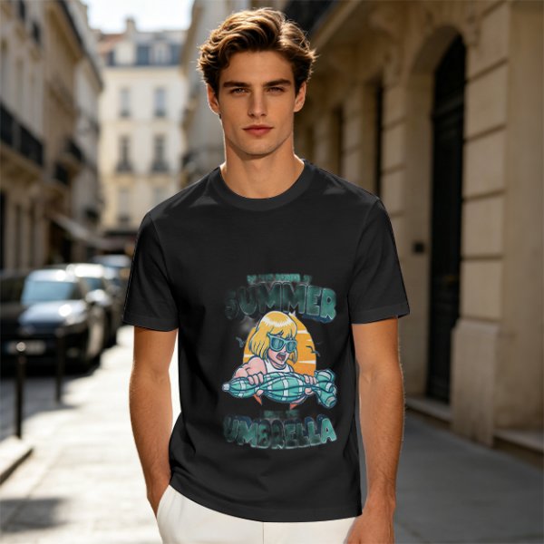 Olive Summer Umbrella Graphic T-Shirt with Retro Beach Illustration