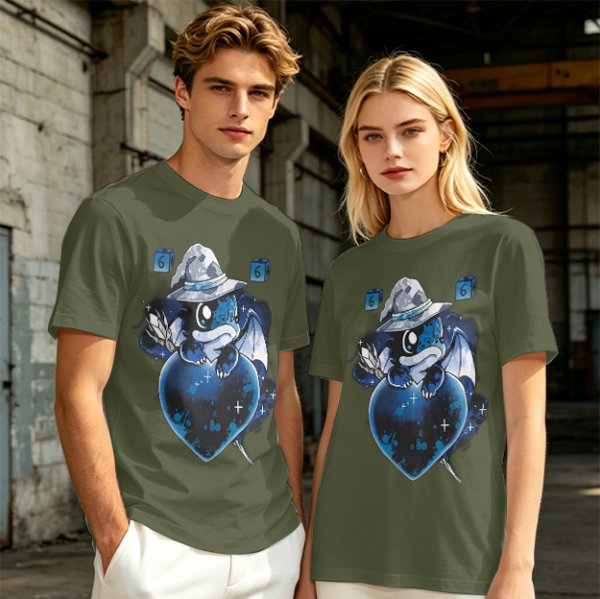 Olive T-Shirt With Cute Wizard Dragon On Starry Heart Print
