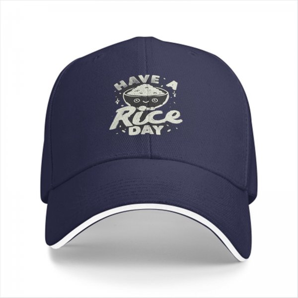 Black baseball cap with 'Have A Rice Day' kawaii rice bowl graphic