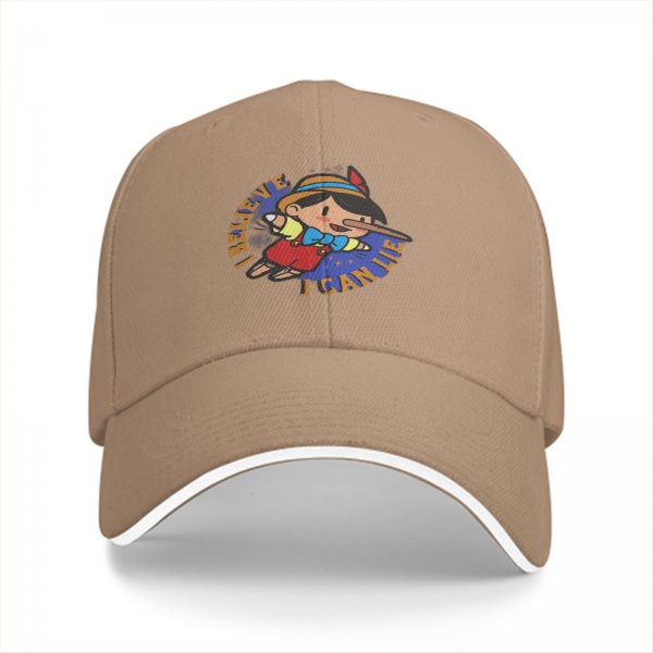 Black baseball cap with Pinocchio 'I Believe I Can Lie' graphic print
