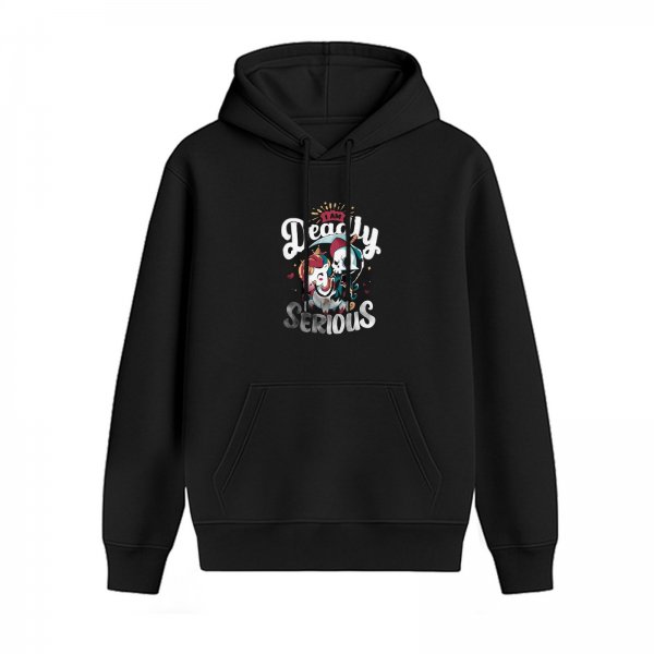 Black hoodie with 'I Am Deadly Serious' clown and skull graphic
