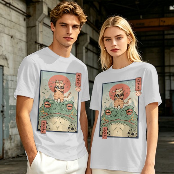 Olive T-shirt with Samurai Cat Riding Giant Frog Japanese Art Print