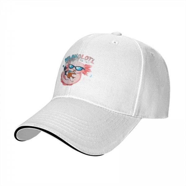 Black baseball cap with a relaxed axolotl graphic and 'RELAXOLOTL' text