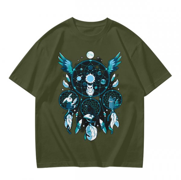 Olive T-Shirt With Celestial Dreamcatcher And Animal Artwork