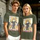 Olive T-shirt with Nunchuck Nun Action Graphic Print