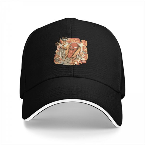 Black baseball cap with giant hot kaiju destroying city graphic