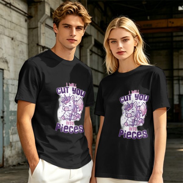 Olive t-shirt with a cute unicorn holding an axe and the text I will cut you into pieces