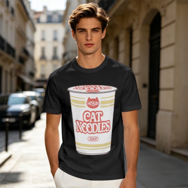 Olive T-shirt with Cat Noodles Cup Print