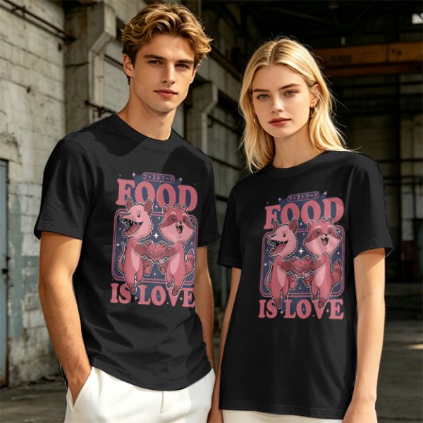 Olive graphic t-shirt with food is love and cartoon animal design