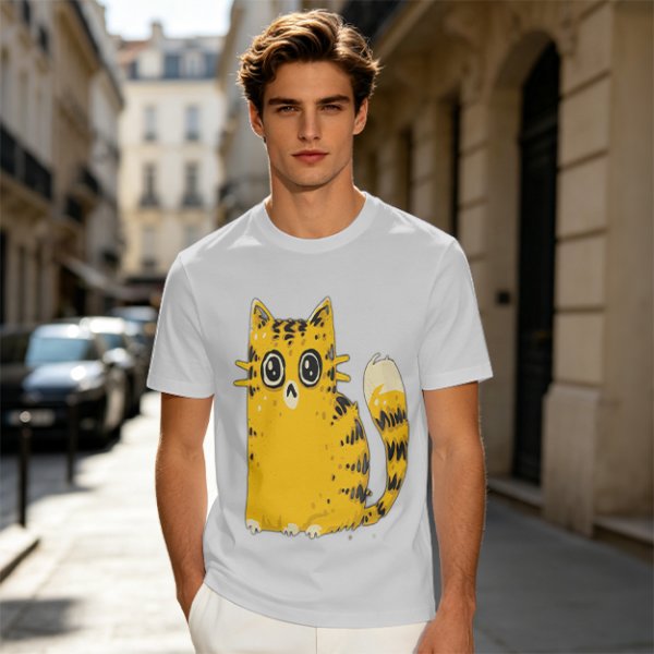 Olive Green T-Shirt With Cute Surprised Yellow Tabby Cat Graphic