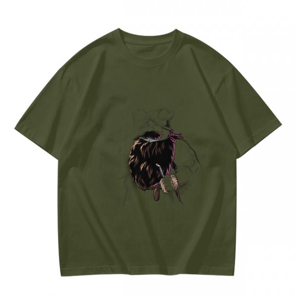 Olive green graphic t-shirt with dark fantasy creature print