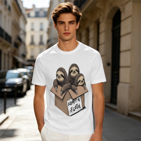 Adopt a Sloth T-Shirt with Three Cute Sloths in a Box