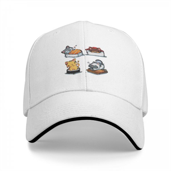 Black Baseball Cap With Cute Cat Sushi Artwork