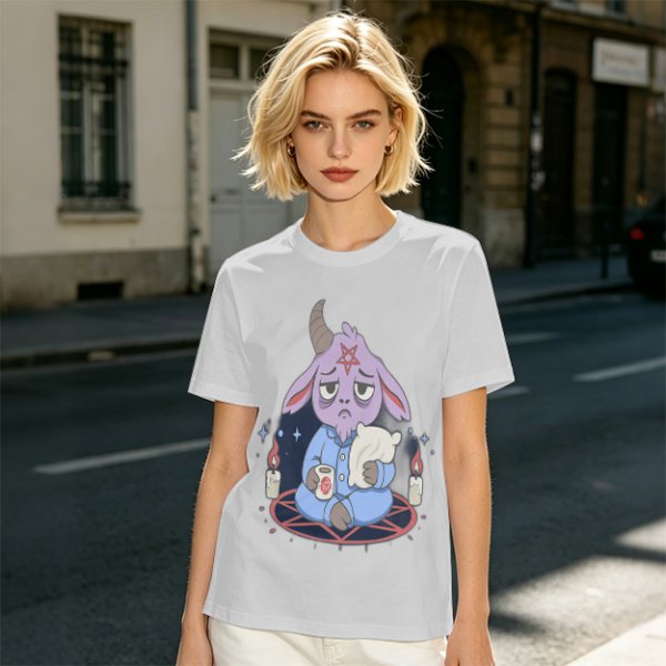 Oversized T-Shirt With Sleepy Baphomet Goat In Pajamas Print
