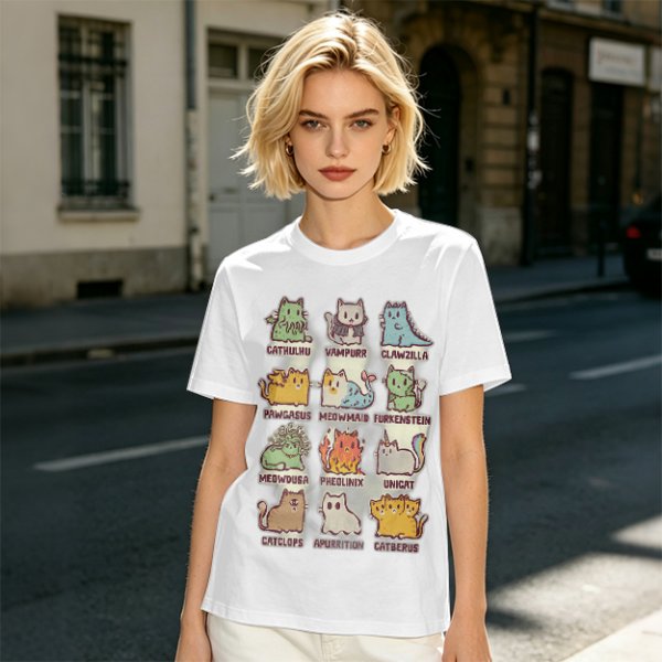 Olive green t-shirt with cute mythical monster cat graphic prints