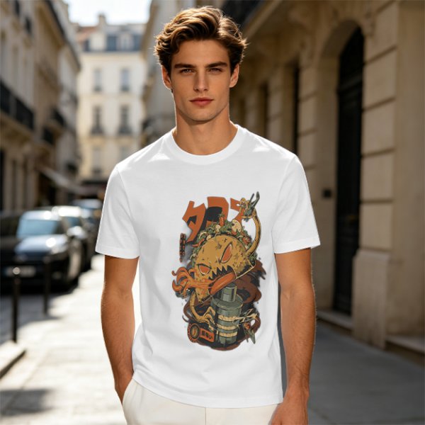 Olive T-shirt with Monster Burger and Japanese Graphic Print